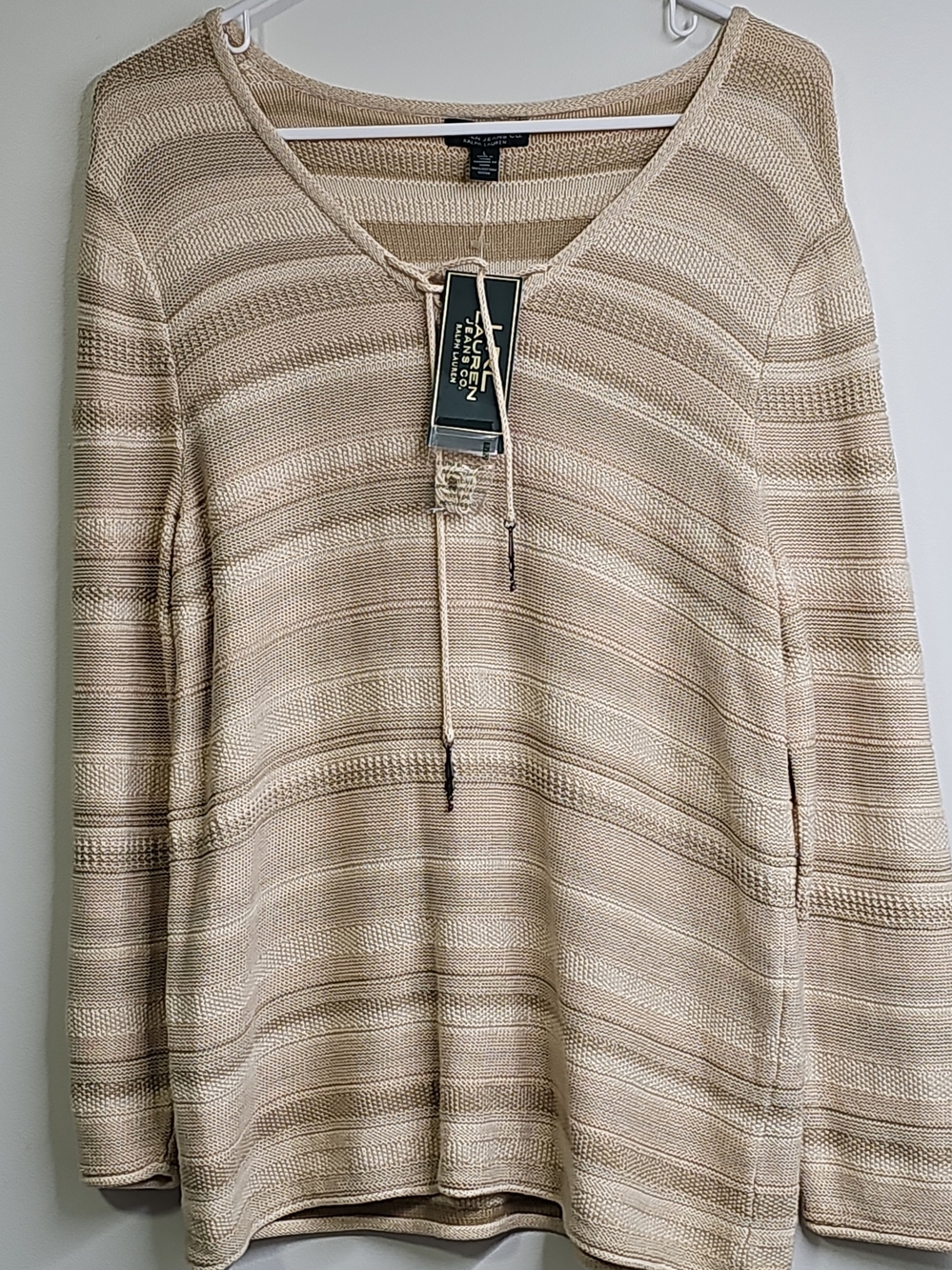 Lauren Ralph Lauren Cream and Tan Striped V-Neck Tie Sweater